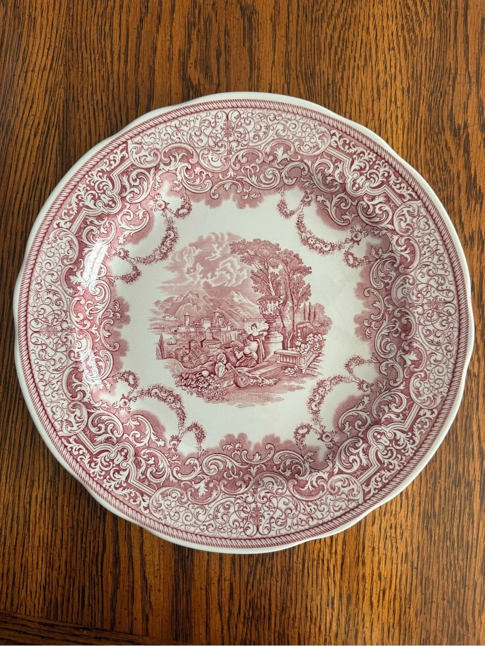 Spode Pink Transferware Dinner Plate with Ornate Scroll Border